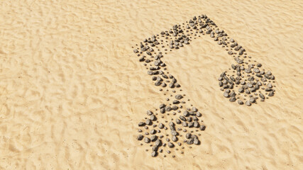 Concept conceptual stones on beach sand handmade symbol shape, golden sandy background, music sign. 3d illustration metaphor for melody, tempo, multimedia, composition, harmony or classic sound