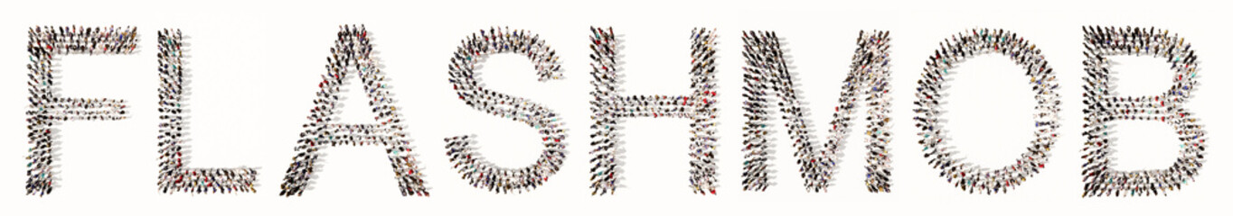 Concept or conceptual large community of people forming FLASHMOB word. 3d illustration metaphor to massive and spontaneous people gatherings,  performance, ceklebration, community and society