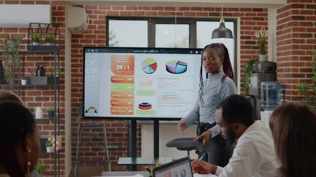 Close up of woman doing business presentation in boardroom, explaining charts analysis to workmates for comany development and growth. Employee presenting marketing strategy on screen.