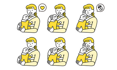 赤ちゃんを抱っこ紐に入れて抱っこする様々な表情のお母さんのイラスト