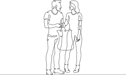One continuous line.Holiday shopping.The couple goes shopping. Man and woman are walking with bags from the store. Sale.One continuous drawing line logo isolated minimal illustration.