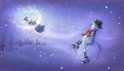 Obraz na płótnie Canvas Snowman sees off Santa's magic sleigh with reindeer flying at night over fairy forest and huge moon. Merry Christmas background. Toning in Very Peri color, trendy creative design in color of 2022.