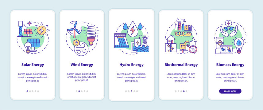 Types of renewable energy sources onboarding mobile app page screen. Power walkthrough 5 steps graphic instructions with linear concepts. UI, UX, GUI template. Myriad Pro-Bold, Regular fonts used