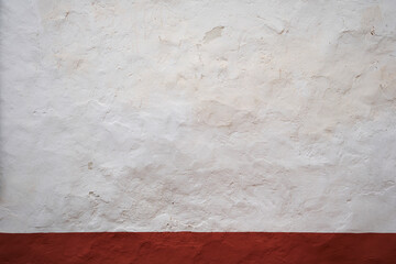 Old whitewashed lime wall with red skirting board