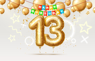 Happy Birthday 13 years anniversary of the person birthday, balloons in the form of numbers of the year. Vector - obrazy, fototapety, plakaty