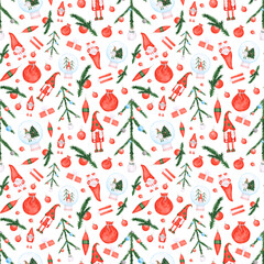 Christmas seamless pattern on a white background. A watercolor gnome, decorated Christmas tree, a snow globe, a red gift, bag of gifts, tree branch, and more. Cute winter holiday endless print.