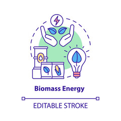 Biomass energy concept icon. Natural renewable materials power abstract idea thin line illustration. Isolated outline drawing. Editable stroke. Roboto-Medium, Myriad Pro-Bold fonts used