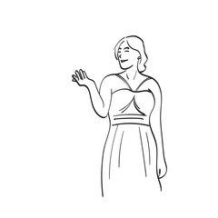 line art woman in evening dress presenting something in blank space illustration vector hand drawn isolated on white background
