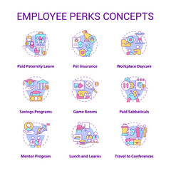 Employee perks concept icons set. Additional working advantages. Staff bonuses idea thin line color illustrations. Isolated outline drawings. Editable stroke. Roboto-Medium, Myriad Pro-Bold fonts used