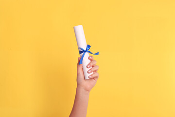 Student holding rolled diploma with blue ribbon on yellow background, closeup - obrazy, fototapety, plakaty