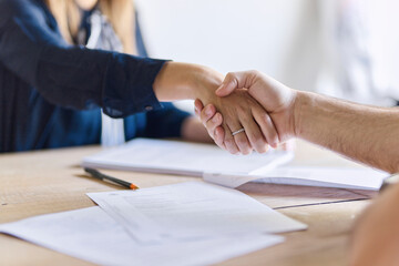 Mature male client shaking hands with woman at office