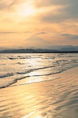金色に染まった海岸と富士山