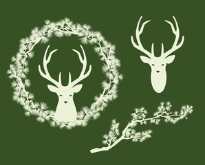 winter holidays seasonal wreath frame made of pine tree branches and deer stag head - vintage style faded silhouette festive vector design set