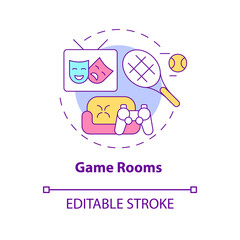 Game rooms concept icon. Board and virtual games area. Workplace playroom abstract idea thin line illustration. Isolated outline drawing. Editable stroke. Roboto-Medium, Myriad Pro-Bold fonts used