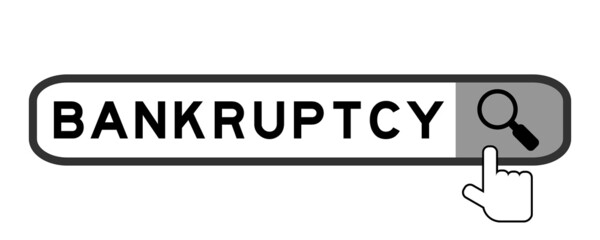 Search banner in word bankruptcy with hand over magnifier icon on white background