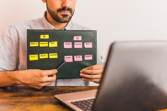 Male Mental Healthcare Worker Explaining Emotions Chart During Online Therapy At Office