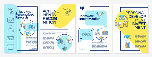 Employee recognition and rewarding brochure template. Booklet print design with linear icons. Vector layouts for presentation, annual reports, advertisement. Questrial-Regular, Lato-Regular fonts used