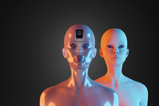 Portrait of two gynoids standing against black background