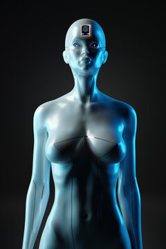 Three dimensional render of gynoid with computer chip inside its head