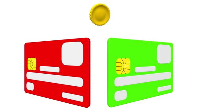 Money transfer. A gold coin flies from a red credit card to a green one. Footage video