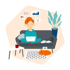 The young girl or woman is sitting on a sofa and typing on a laptop. Concept for distance education, remote job, freelance work, meeting conference, webinar, on-line courses. Vector flat illustration.