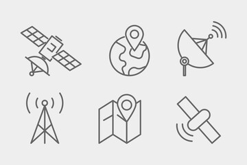 GPS satellite icon set. Outline thin line flat illustration. Isolated. 