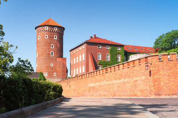 Fototapeta na wymiar Sandomierz Tower of the Wawel Castle in Krakow. View of the castle walls from the Bernardine Gate