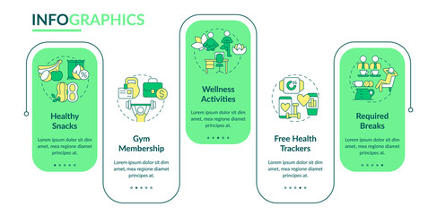 Employee health bonuses infographic template. Healthy lunch during work. Data visualization with 5 steps. Process timeline info chart. Workflow layout with line icons. Lato-Bold, Regular fonts used