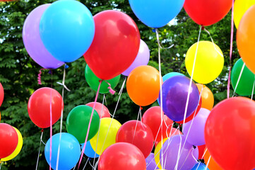 bunch of multicolored balloons in the city festival against trees background