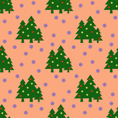 Seamless pattern.Image of green trees with balls and snowflakes on pastel red orange backgrounds. Symbol of New Year and Christmas.Template for application to surface.3D image. 3d rendering