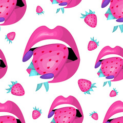 Pattern of womens enjoying  fresh strawberry. Open mouth, pink lips, eating berry. flat vector illustration.