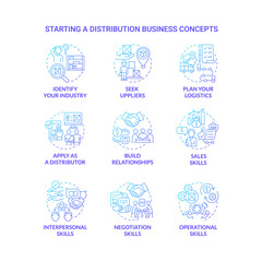 Starting distribution business blue gradient concept icons set. Entrepreneurship startup development. Wholesale trading company idea thin line color illustrations. Vector isolated outline drawings