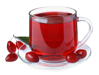 Glass cup of fresh dogwood tea, berries and leaf on white background