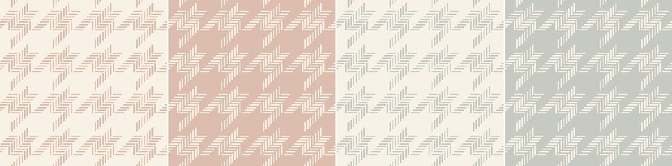Abstract pattern with houndstooth tweed check plaid in soft cashmere grey, beige, pink. Seamless geometric vector for spring autumn winter dress, scarf, jacket, coat, other modern textile print.