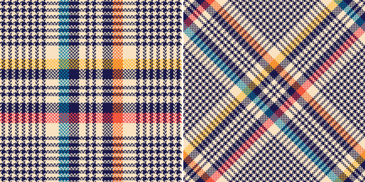 Tartan check plaid pattern. Multicolored herringbone textured seamless tweed vector set in navy blue, red, orange, yellow, beige for flannel shirt, scarf, skirt, blanket, other modern textile design.