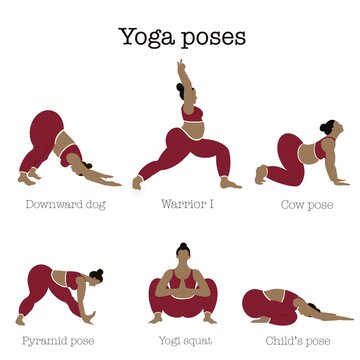 Yoga poses poster. Yogini. Pyramid, squat, warrior, child’s, cow and downward dog poses. Sport. 
