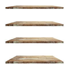 4 old wood shelves table isolated on white background and display montage for product.