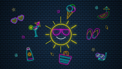 neon lights summer elements on a dark brick wall background, hello summer and beach party concept animation footage, modern colorful wallpaper