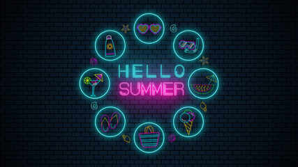 neon lights hello summer text and summer elements on a dark brick wall background, hello summer and beach party concept, modern colorful wallpaper