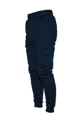 Blank training jogger pants color navy on invisible mannequin template side view on white background
