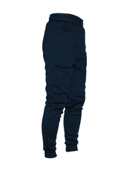 Blank training jogger pants color navy on invisible mannequin template side view on white background
