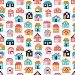 Colorful houses, vector seamless pattern in flat doodle style