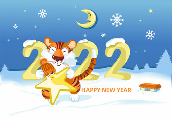 Happy Chinese New Year 2022. Cartoon cute happy tiger with an asterisk and the inscription 2022 on the background of a winter forest with a house and a month. Year of the Tiger.