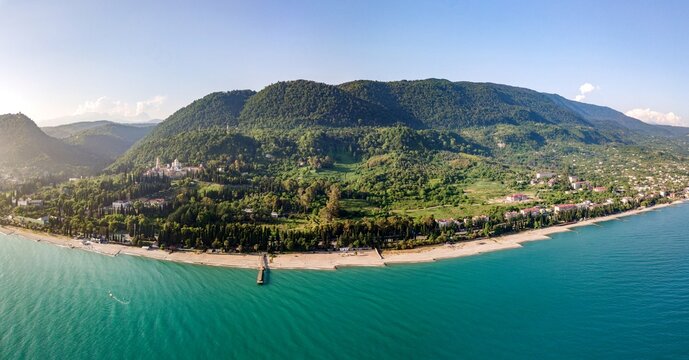 Aerial view of beautiful sea and forest in Gagra, summer in the Caucasus in Abkhazia