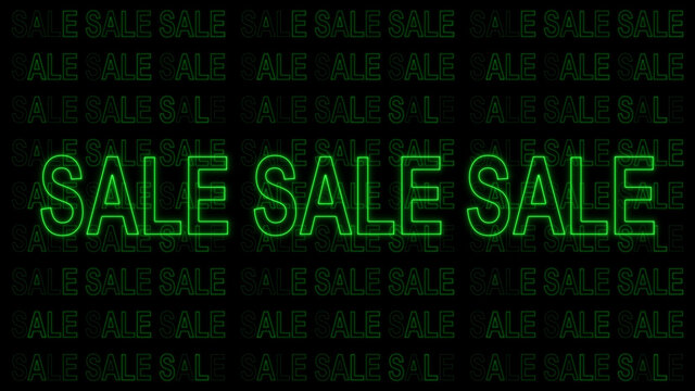 neon light sale text with pattern, green text on dark background, promotion and discount