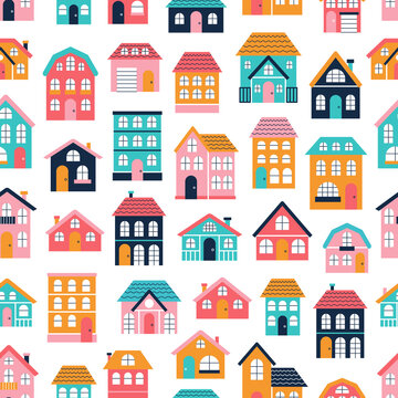 Colorful flat cartoon houses, vector seamless pattern