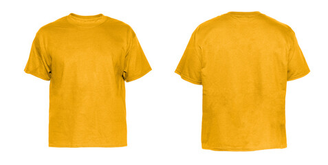 Blank T Shirt color gold on invisible mannequin template front and back view on white background
