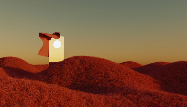 Setting sun reflecting in mirror standing amid brown grassy hills