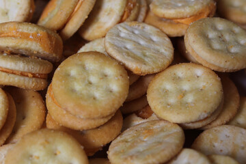 Pile of Cheese Sandwich Snack Crackers Close up
