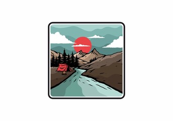 Camping by the river flat illustration